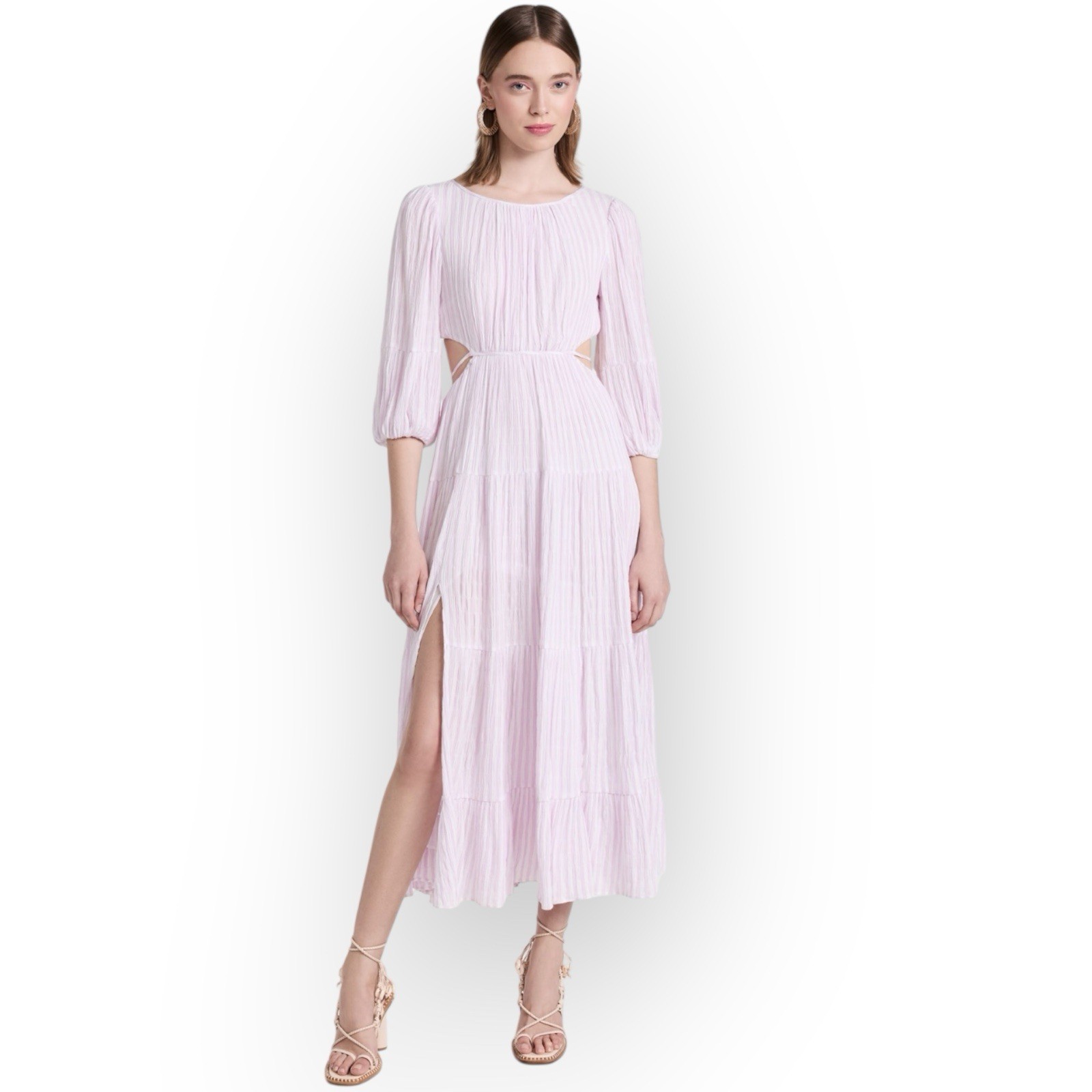 Cinq à Sept Seersucker Midi Dress Size 6 Lavender Ivory Smocked Elastic Waist