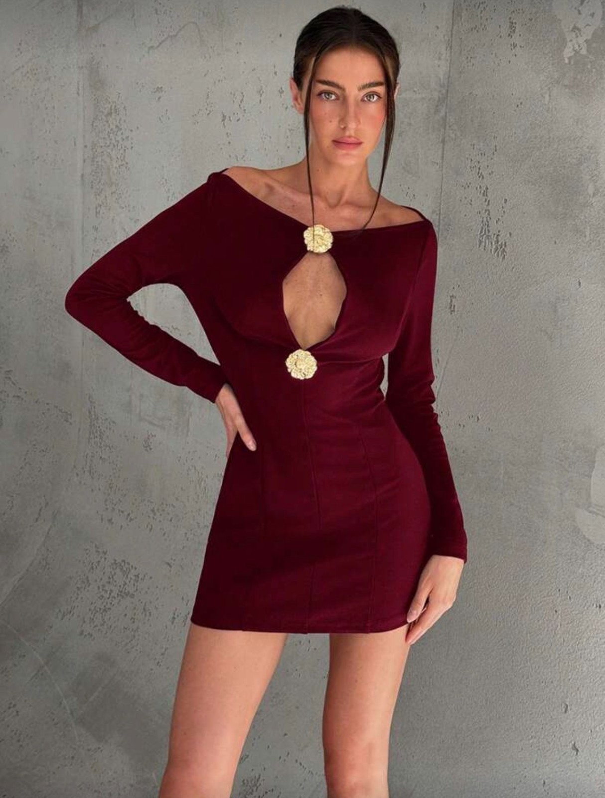 Chic Fall/Winter Mini Dress with Chest Cutout, Boat Neckline, and Metal Buckle