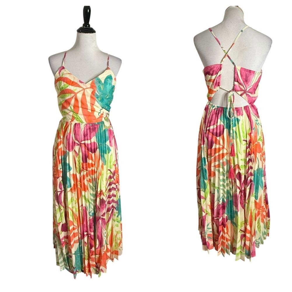 Flying Tomato Tropical Print Pleated Midi Dress Size S Open Back Vacation Beach