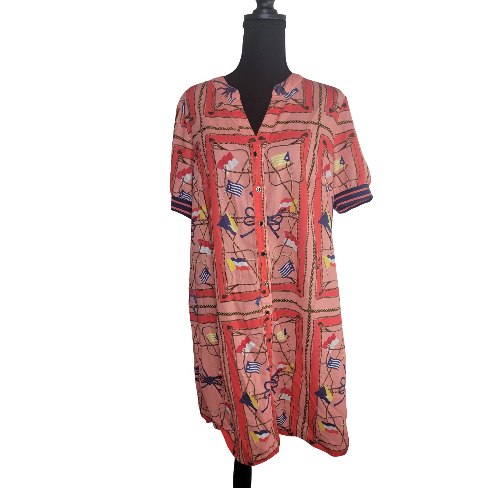 Vila Joy Nautical Flag Print Shift Dress Coral Red Short Sleeve Pockets Large