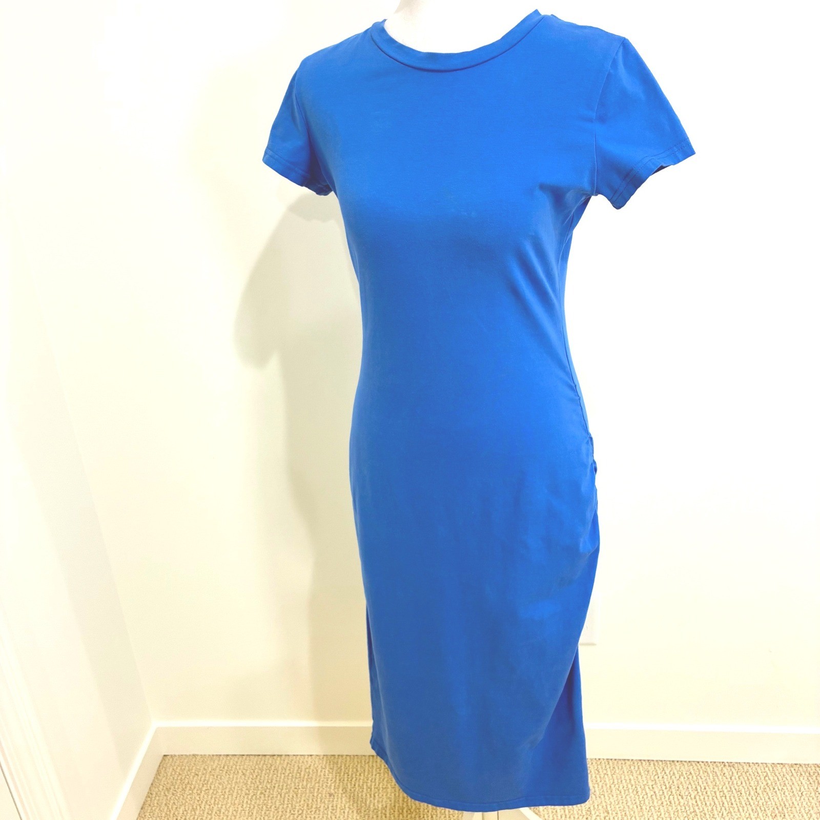 Feminine T-Shirt Dress Ruched Curves Royal Blue Cotton Midi M