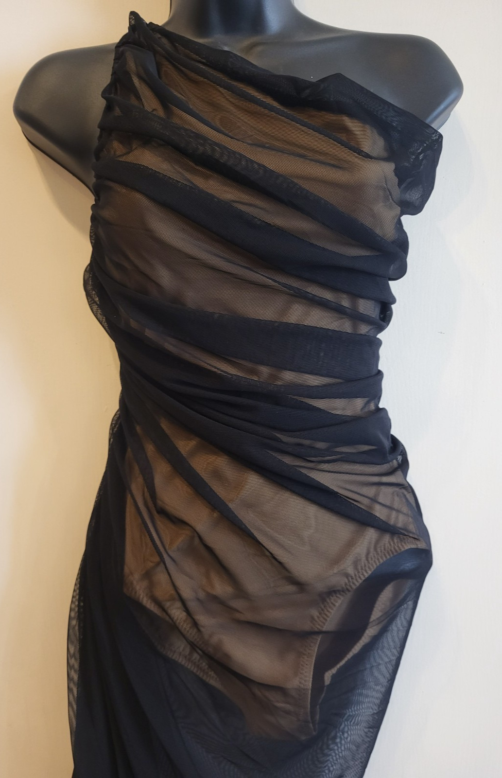Norma Kamali Diana Black Mesh Bodysuit One Shoulder Asymmetrical Dress Size XS