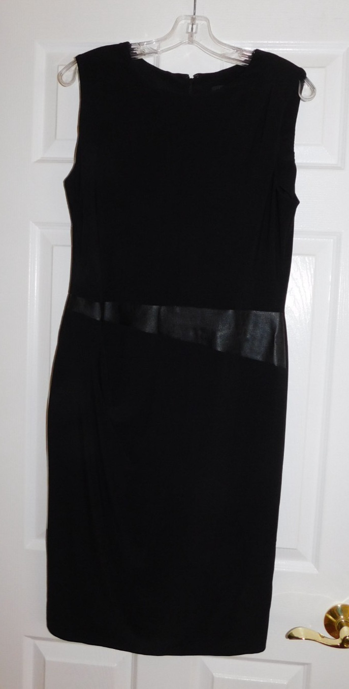 DKNY Pencil Black Dress Size 12 Faux Leather Waist Rouched One Side