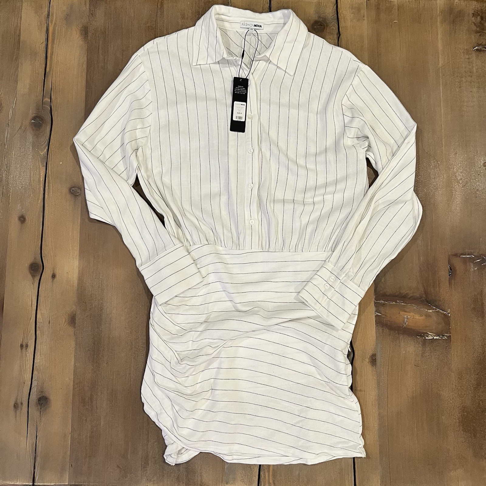 Fashion Nova Call My Line Pinstripe Mini Shirt Dress White Button Up Runched Med