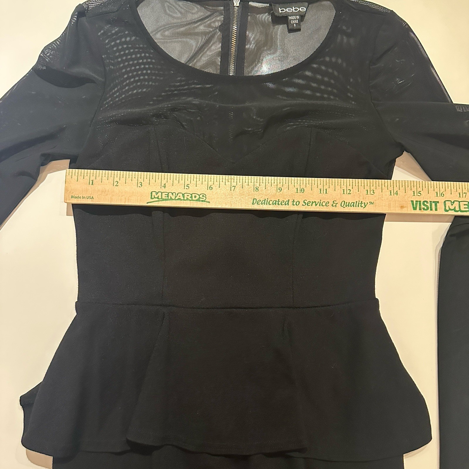 Bebe LBD Size Small Sweetheart Neckline Mesh Top Peplum Mini Dress Black Wicked