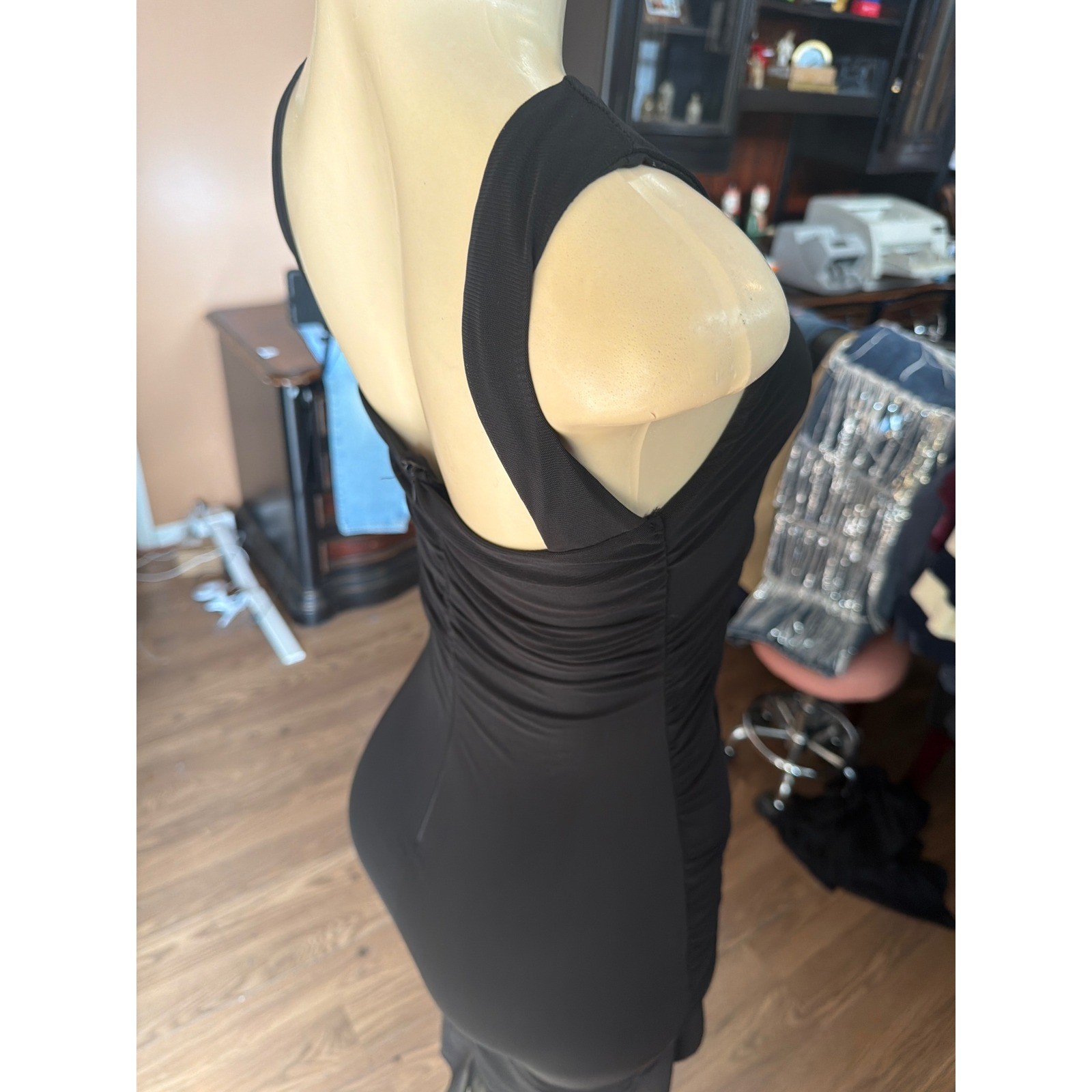 Black Sleeveless Ruched Bodycon Dress with Ruffle Mesh Hem Low Back Cocktail