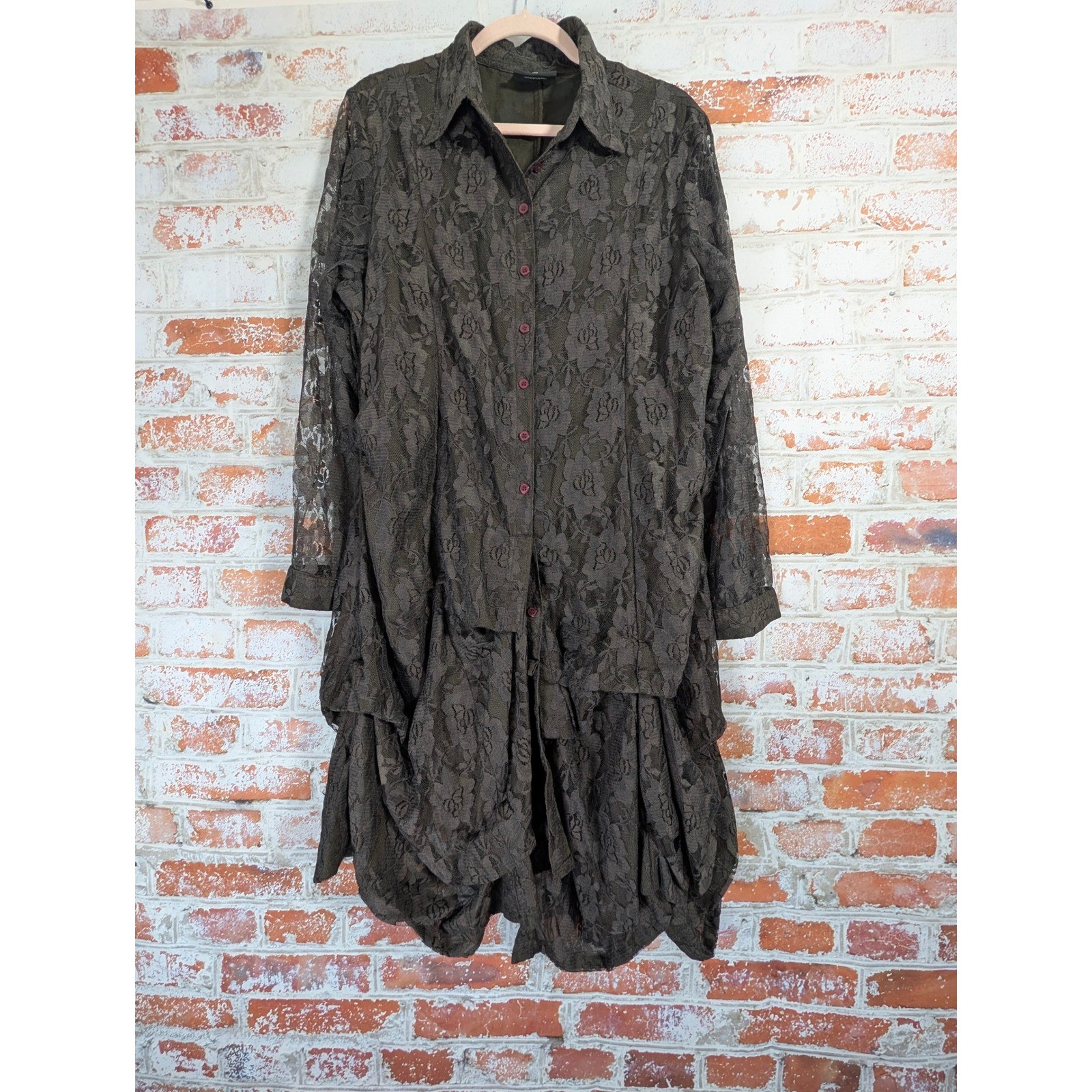 Zashi Lace Balloon Hem Tunic Dress Womens XL Olive Green Floral Button Down