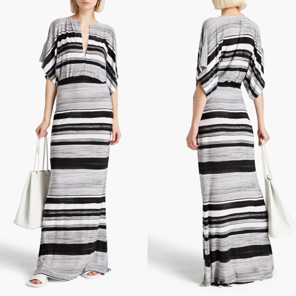 Norma Kamali Obie striped stretch-jersey maxi dress Sz L Resort Casual Modern