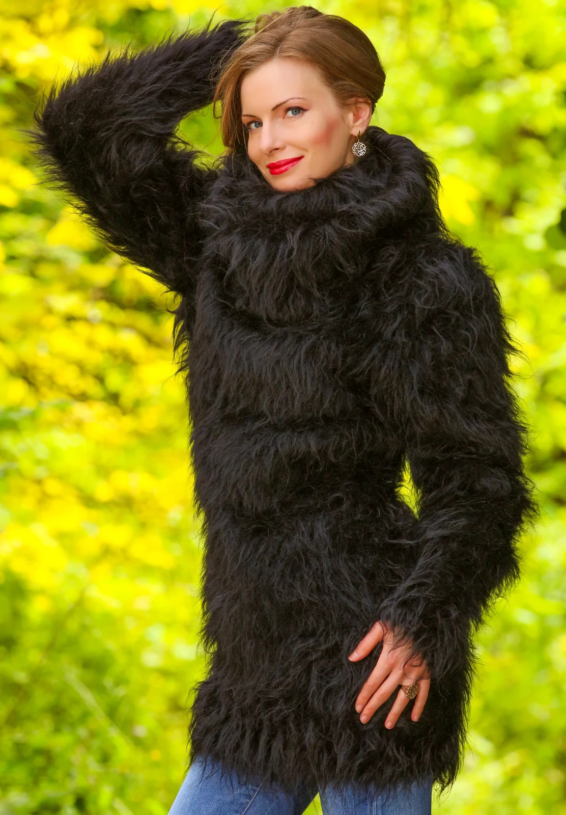 Black fuzzy mohair dress with extra long turtleneck ready to ship size M-L
