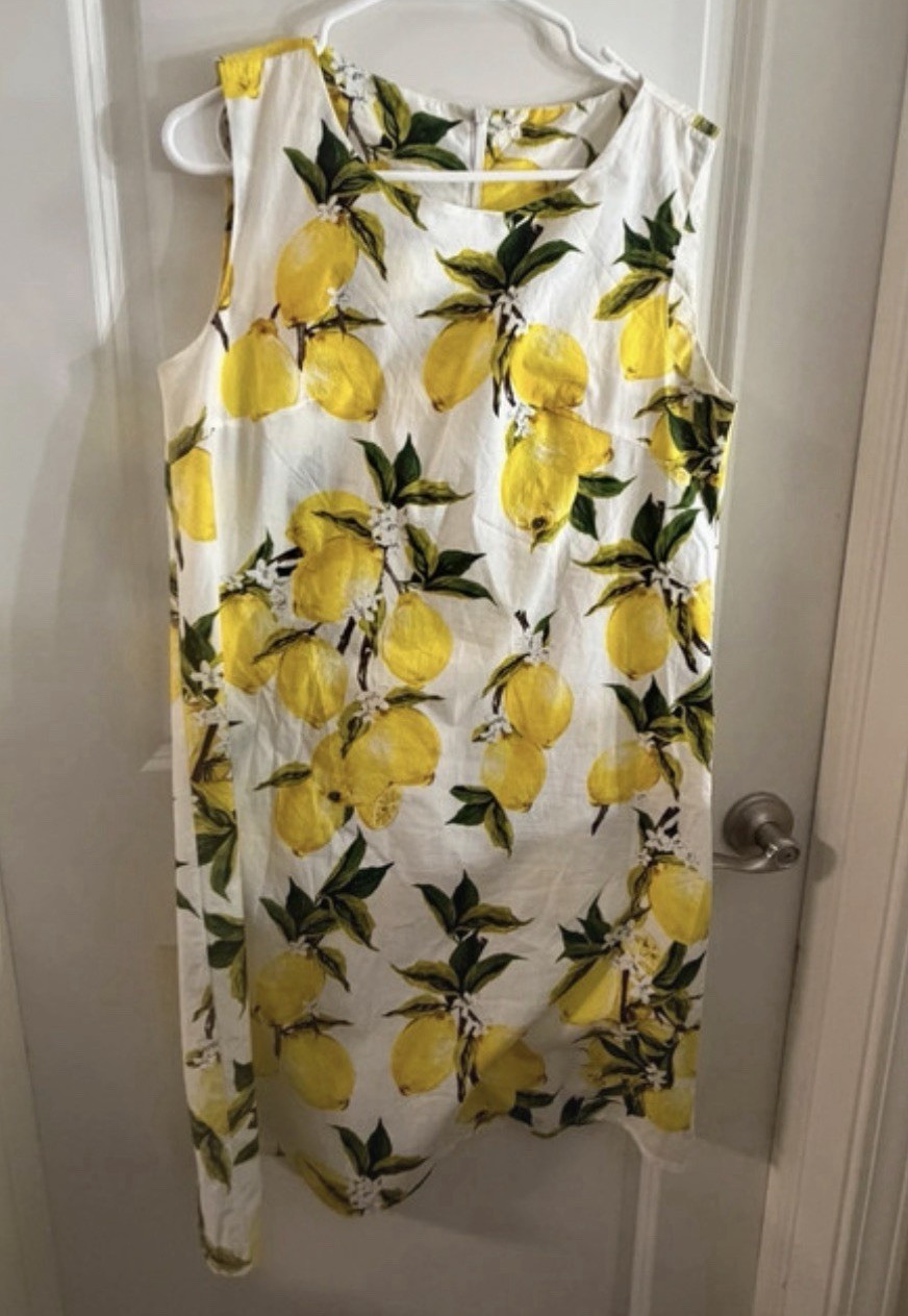 Kreal White Yellow Green Floral Lemon Shift Dress Round Neck Sleeveless Zip M