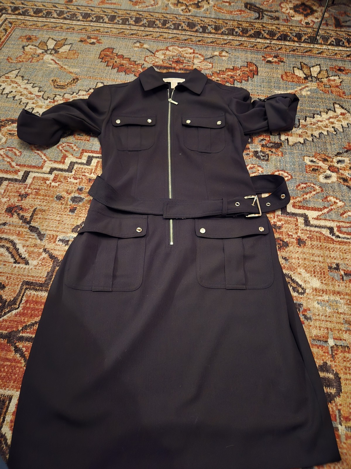 MICHAEL KORS Womens S Black Roll Tab Sleeve Zip Front Utility Shirt Dress w/Belt