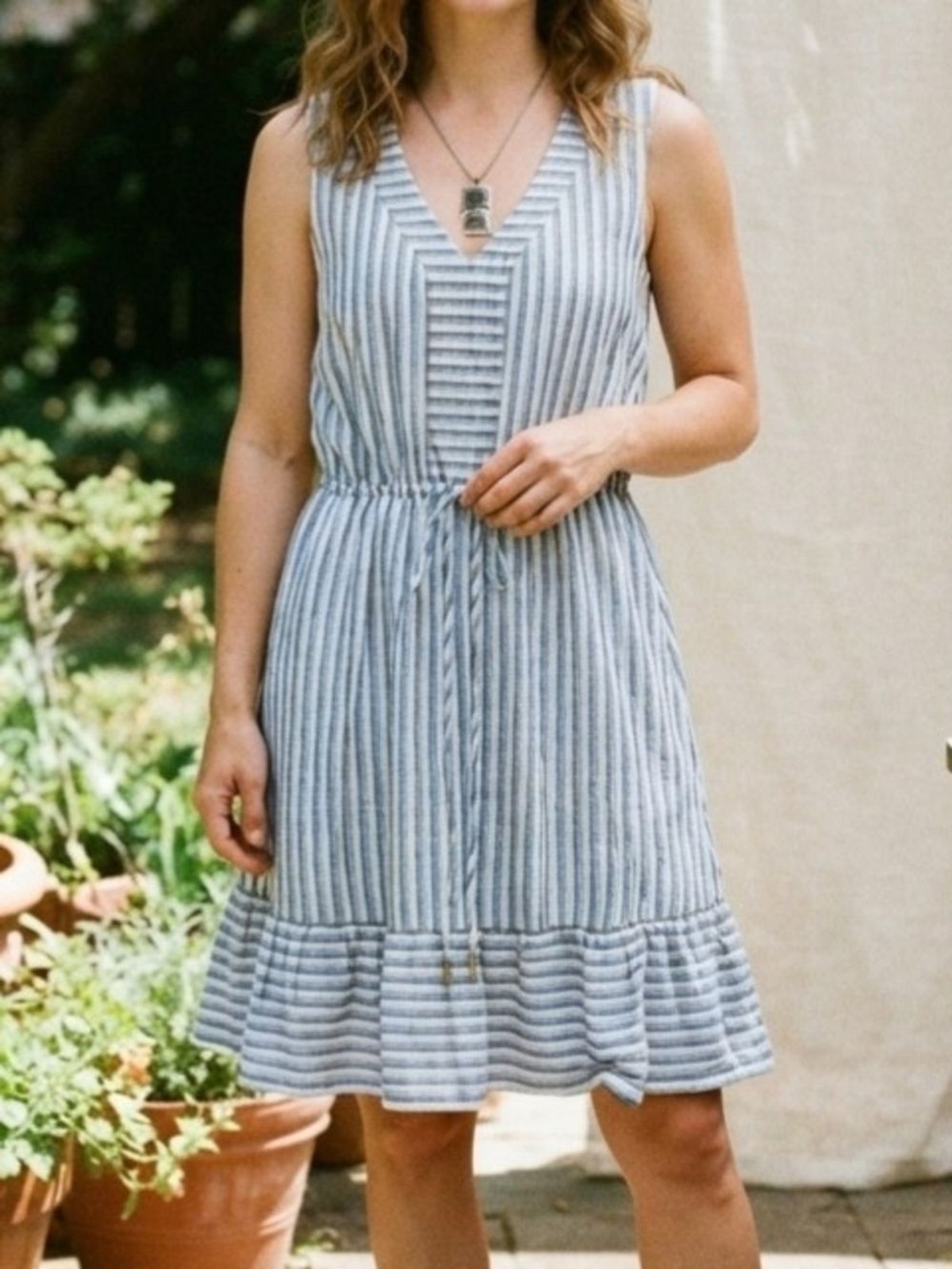 ​Draper James RSVP Striped Linen Blend Ruffle Hem Sleeveless Dress Size S