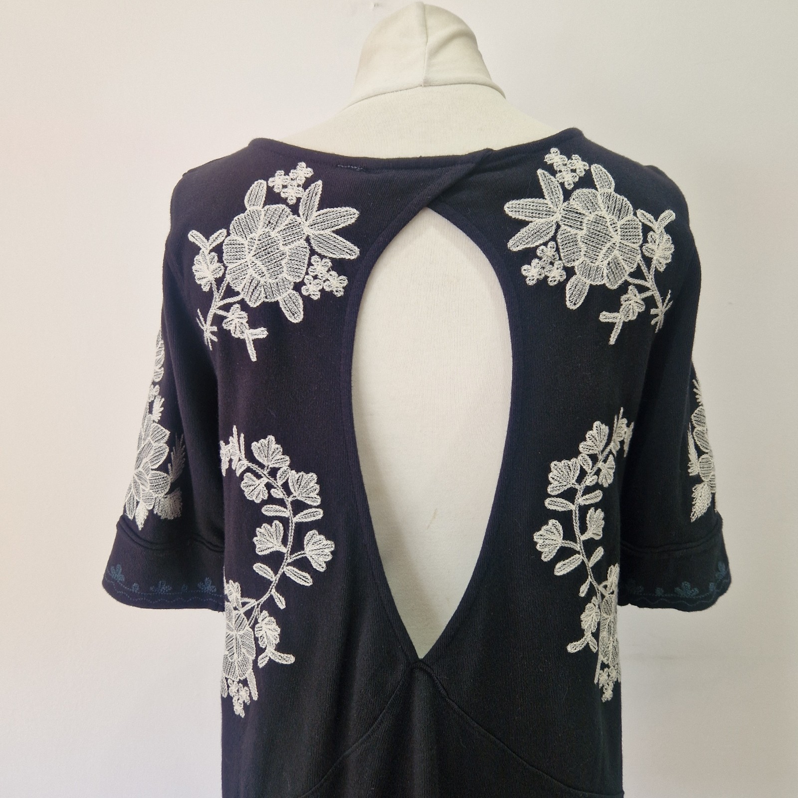 Free People Embroidered Mini Dress Black White Short Sleeve S 10 12 Casual Party