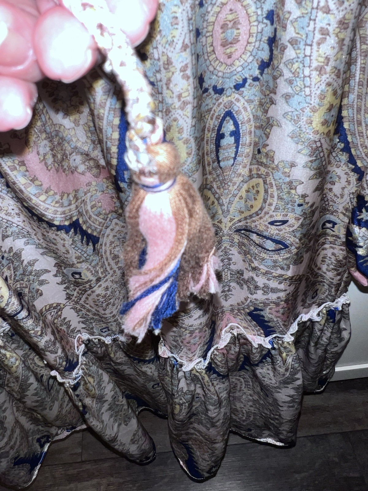 Lola Australia Silk Tiered Medallion Print Dress Size XS, Pink, Blue Long Sleeve