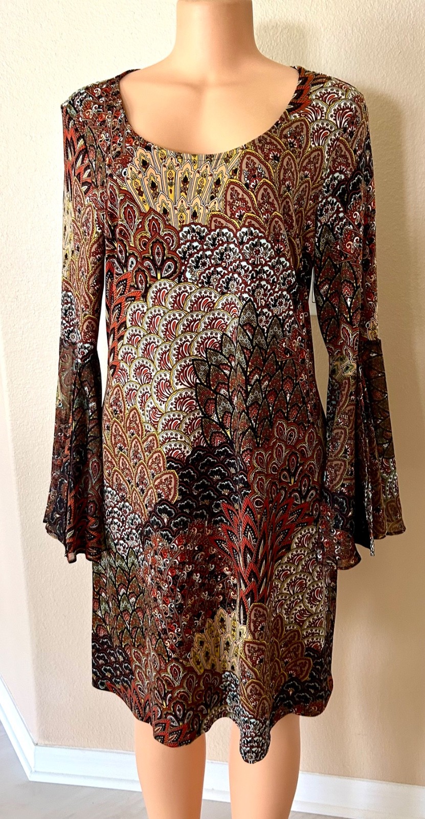 MSK Peacock-print Sheer-Bell-sleeve Multicolor Stretchy-Fabric Shift Dress M