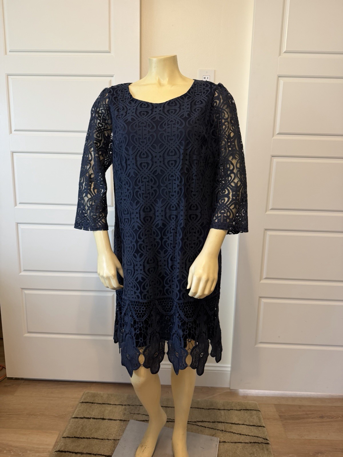 Cato Est 1946 Women’s XL Dress Navy Blue Lace Fitted Midi 3/4 Sleeve Excellent C