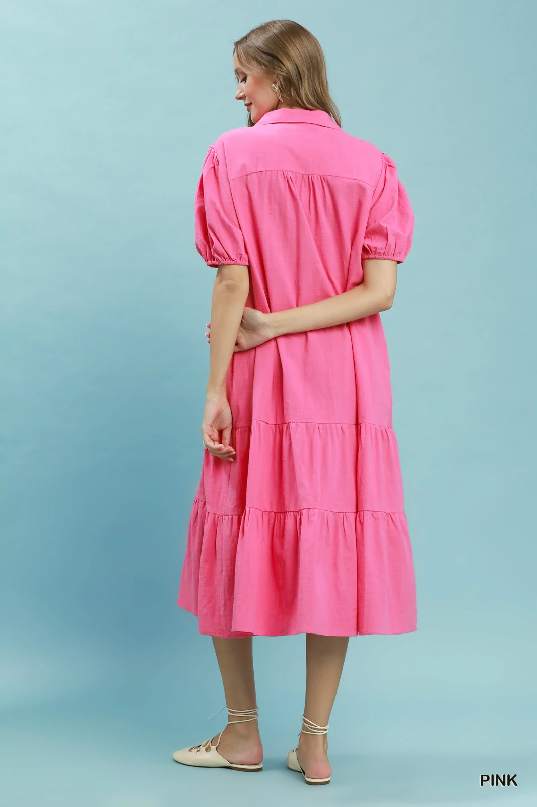 Umgee Solid Tiered Midi Dress – Pink – Small