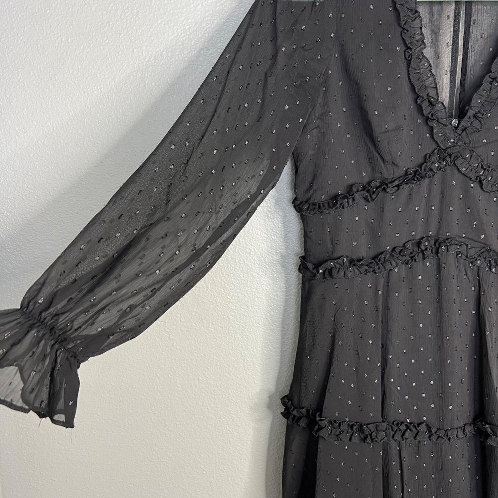 B. Smart Long Sleeve V-Neck Ruffle Mini Dress Size 5 Flowy Semi-Sheer