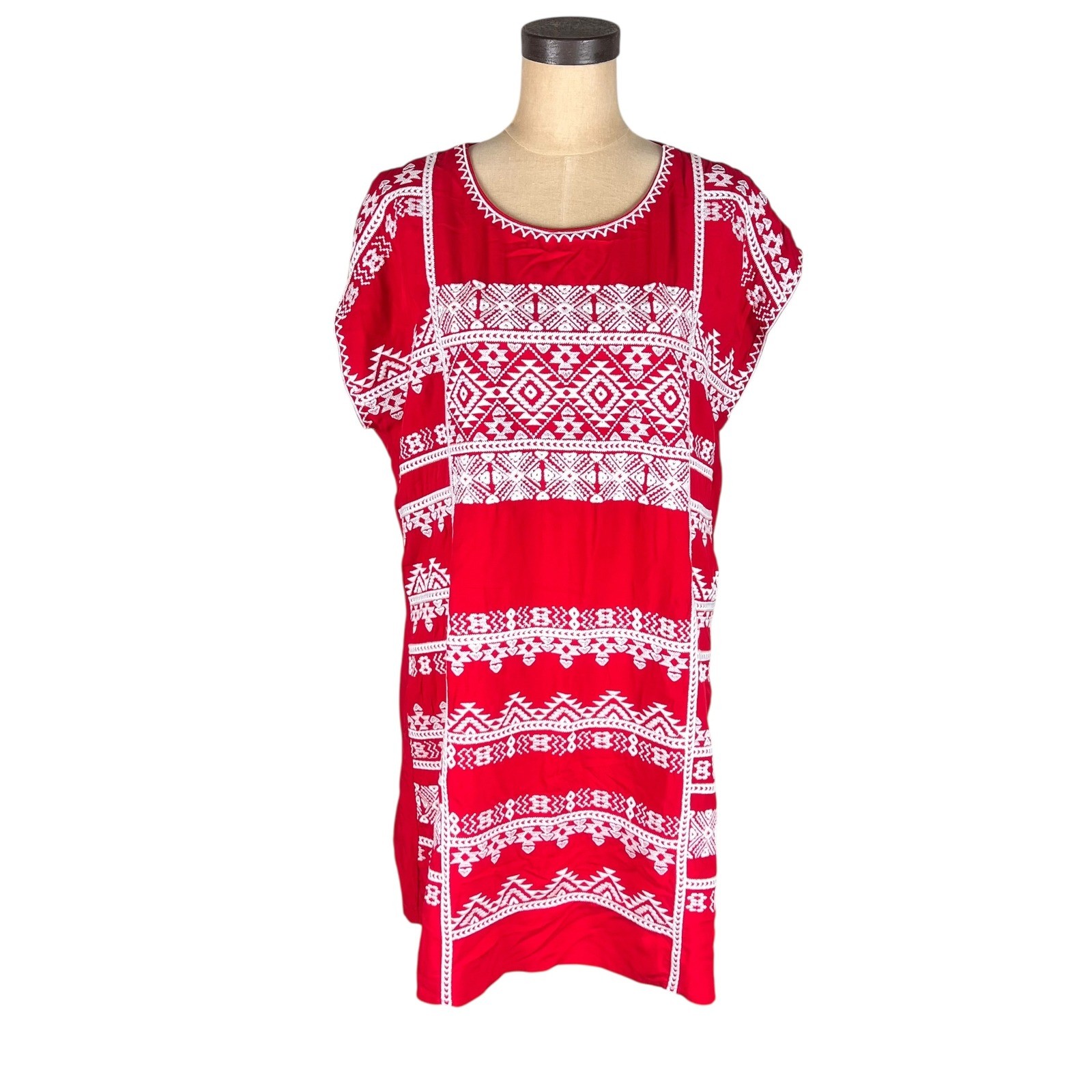 Savanna Jane Red Embroidered Boho Shift Dress Women Large Geometric Cap Sleeve