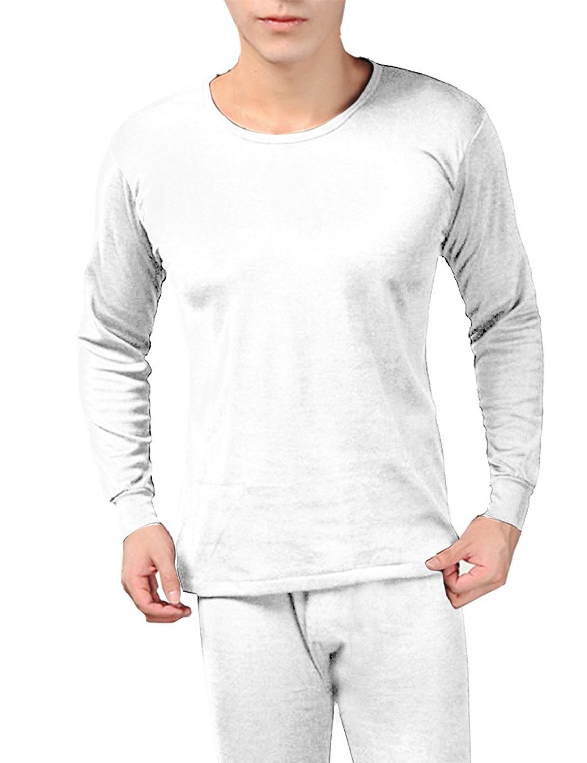 Mens Fleece Lined Soft Warmth Thermal Underwear Pajamas 2 Piece Set White Medium