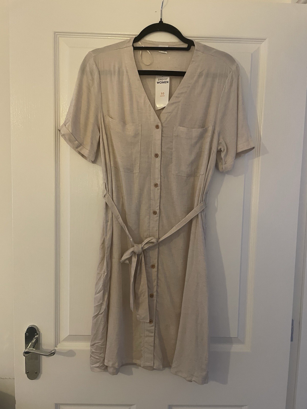 Pep&Co V Beige Neutral Short Sleeve Button Through belted summer Shirt Dress 10