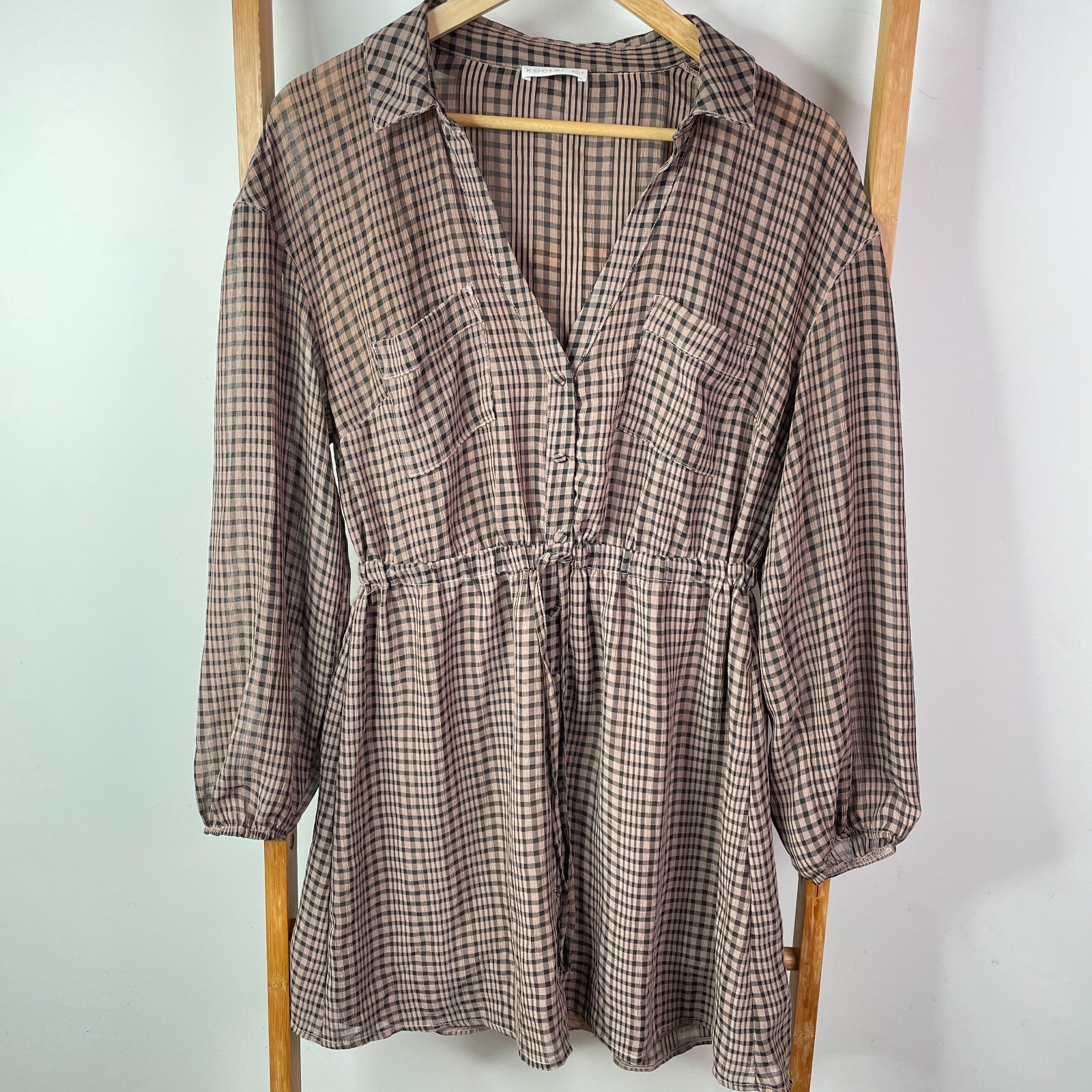 Kookai Dress Womens 40 Brown Checkered Button Front Long Sleeve Shirt Mini