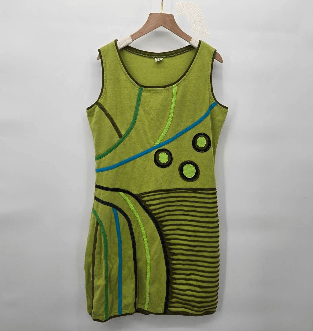 Artsy Boho Cotton Dress XXL Green Abstract Art to Wear Sleeveless Nepal Runs Sma