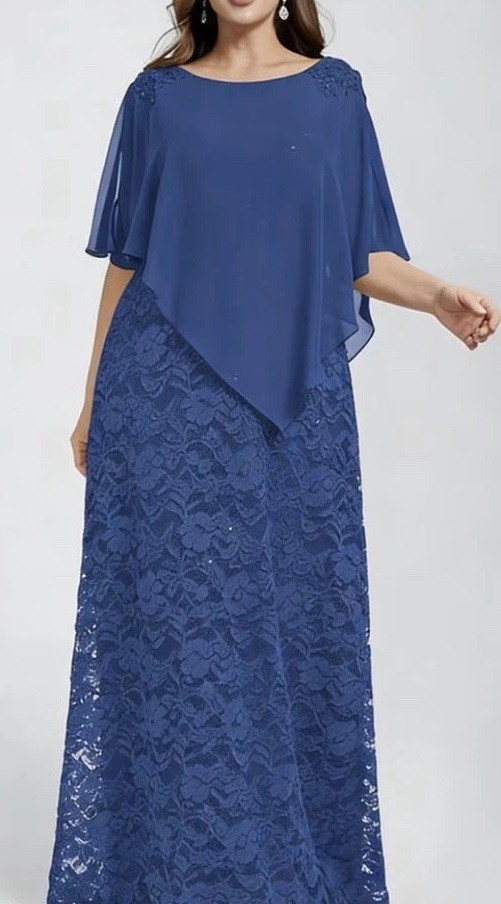 Women’s Royal Blue Floral Lace Maxi Dress Capelet Overlay Round Neck 5XL