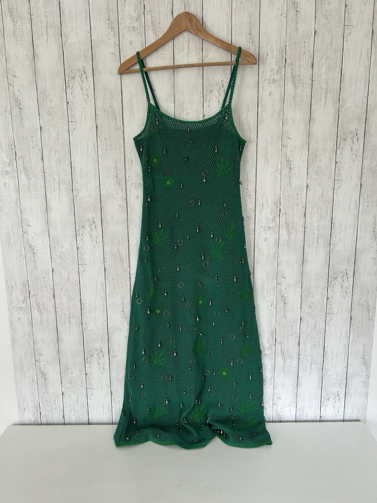 Leslie Amon Treasure Jamaican Maxi Dress Green Fish Net Size Small