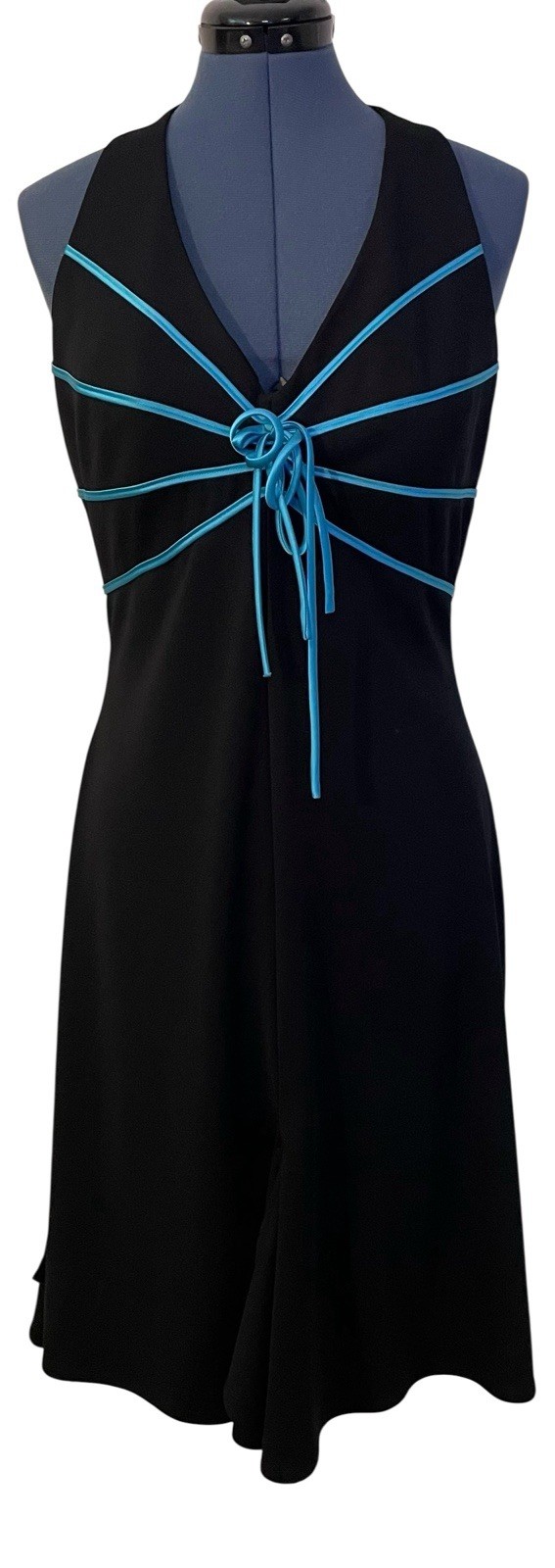 VTG Blondie Nites Black Blue Ribbon Halter Fit Flare Dress Salsa Cover up Y2K M