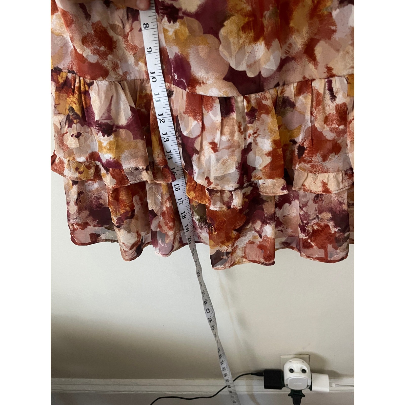 The General Good Floral Tie Shoulder Ruffle Mini Dress Orange Burgundy L boho