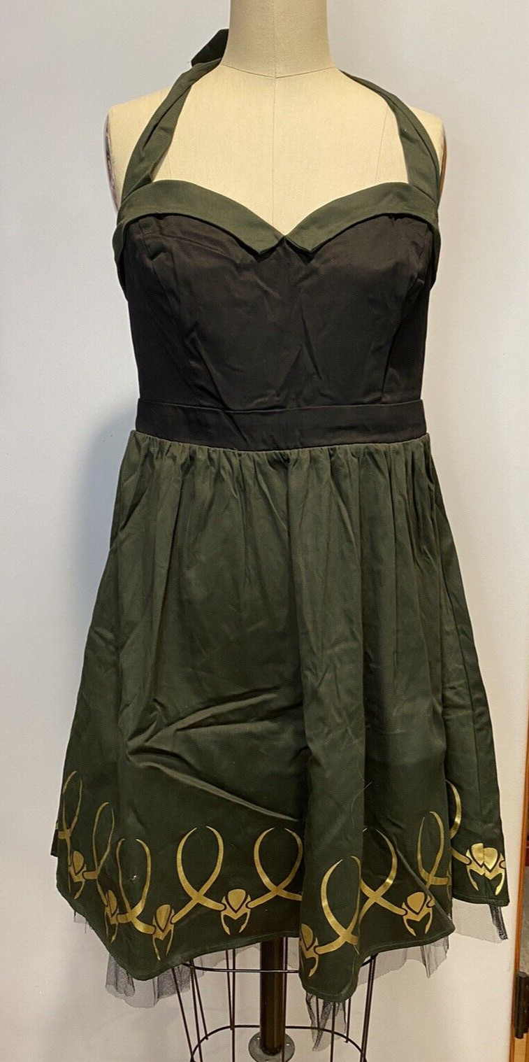 Hot topic Her Universe Marvel Loki Helmet Border print Halter Dress L