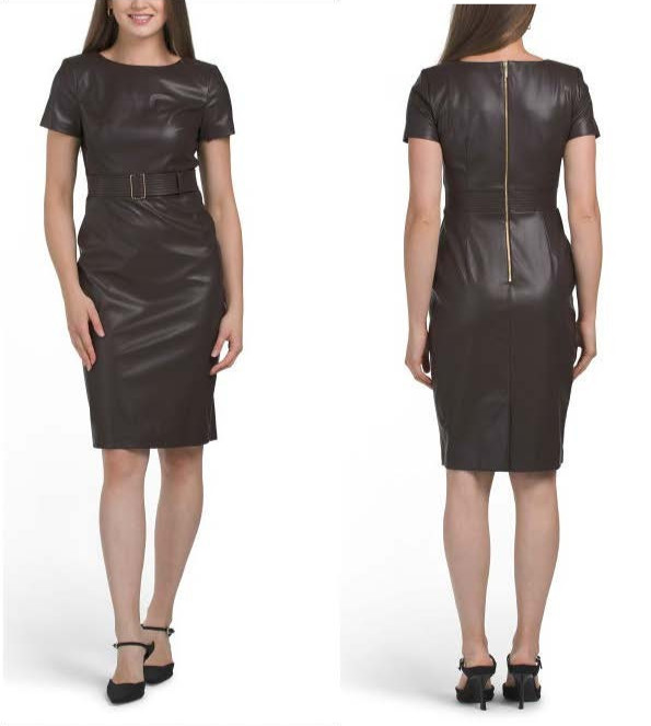 NWT CALVIN KLEIN Dr.Brown Faux Leather Sheath Dress Belted Exposed Back Zip Sz.6