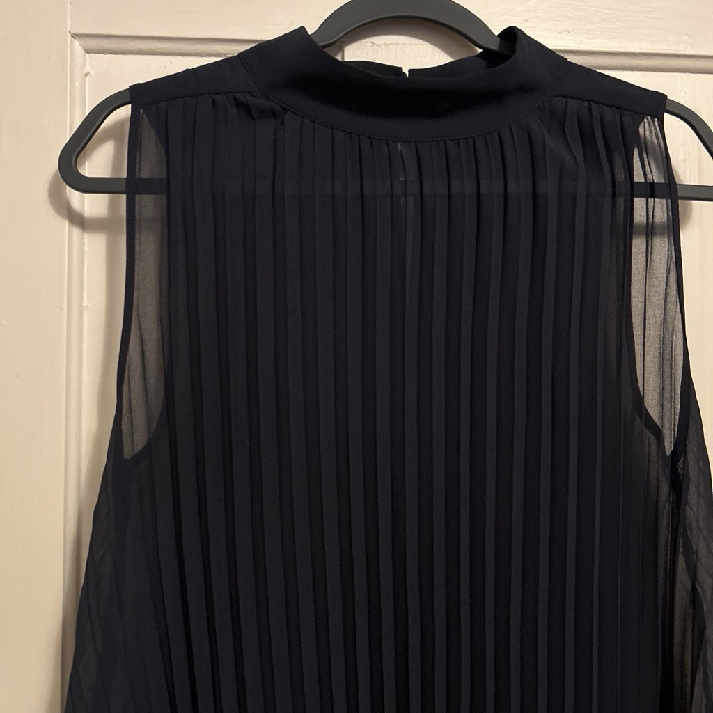 Banana Republic Women’s Navy Chiffon Pleated Sheer High Neck Midi Dress M