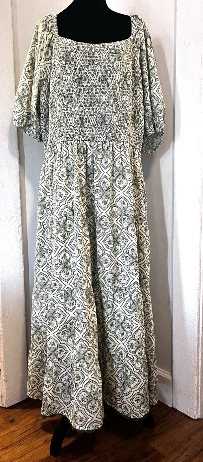 LÉA 2X Cottagecore Boho Floral Maxi Dress Smocked Puff Sleeve 100% Cotton Green