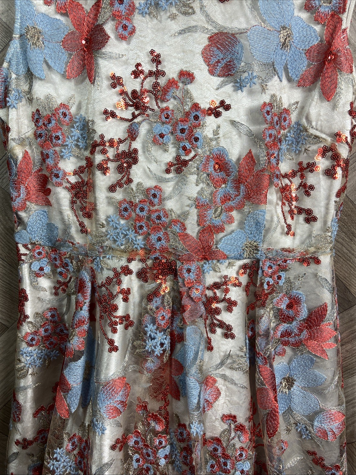 Tahari by Arthur S Levine Flared Dress Blue/Red Floral Embroidery/Sequin Size 14
