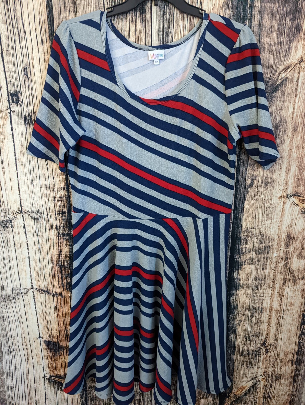 LuLaRoe Amelia Dress Plus 3XL Multi Stripe Fit Flare Nautical Patriotic Casual