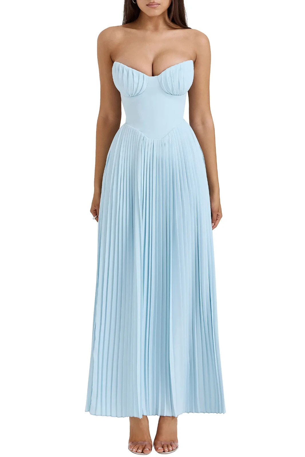 NEW, House Of CB Marcella Strapless Pleated Georgette Gown Sz L #MD2218