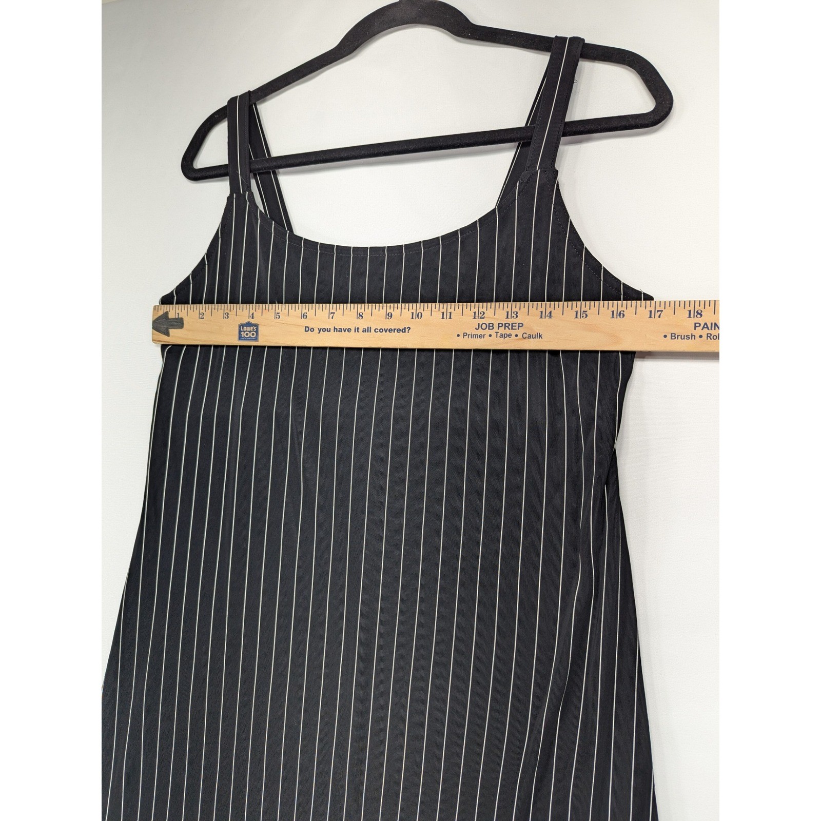 Superstition New York Pinstripe Maxi Dress Womens Short Sleeve Square Neck SZ 8