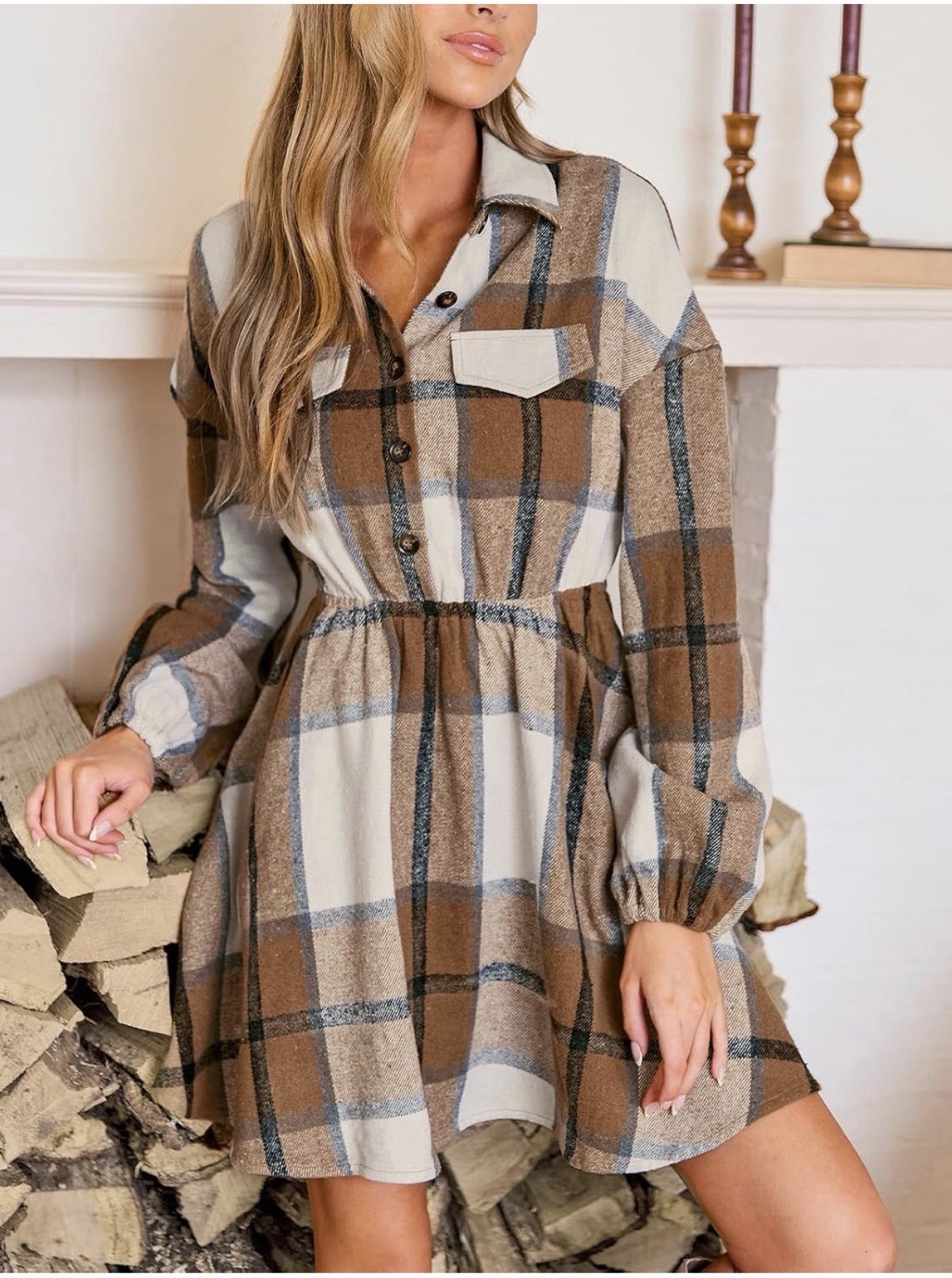 Cupshe Women’s Plaid Shirt Dress Button Front Collared Long Sleeve M