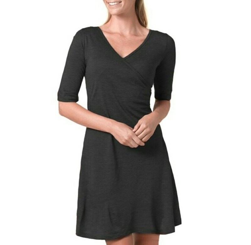 PRANA Nadia Faux Wrap Dress Charcoal Gray Wool Blend Elbow Sleeve Surplice Small