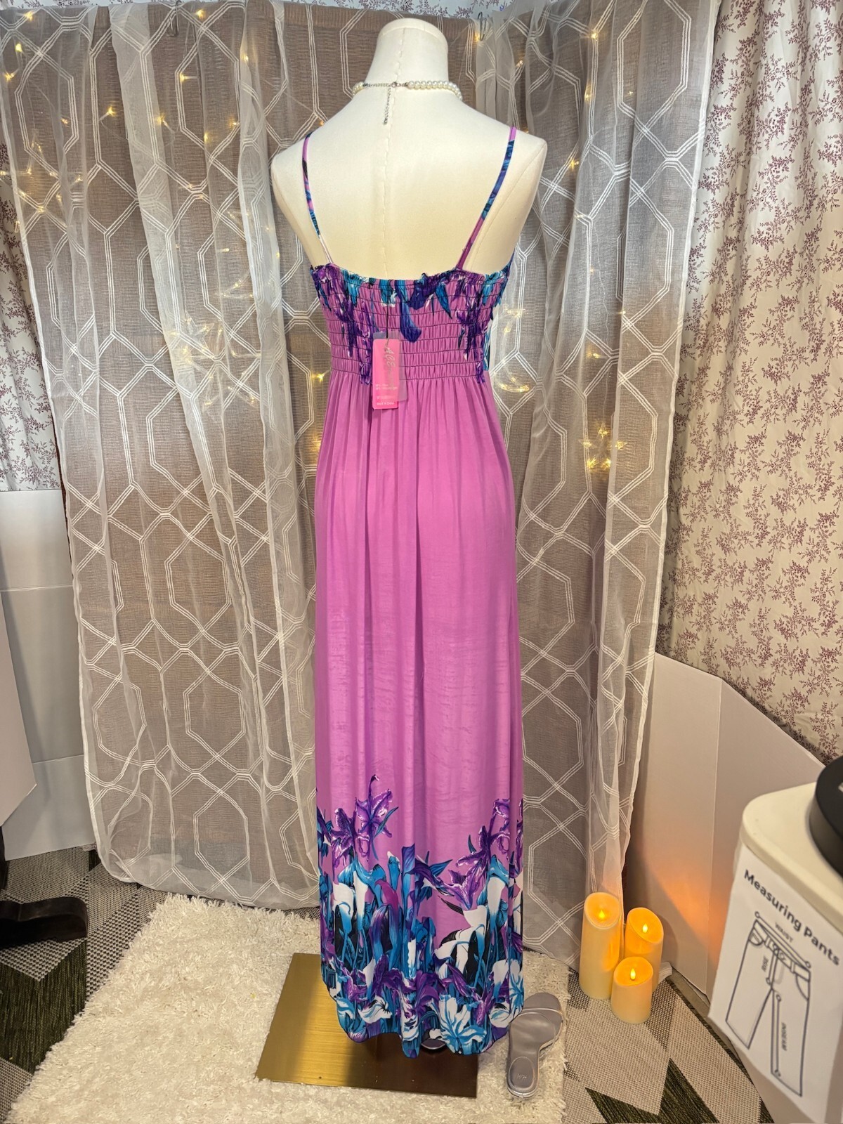 Silk Blend Tropical Floral Slip Maxi Dress Purple Blue Y2K Vacation XS