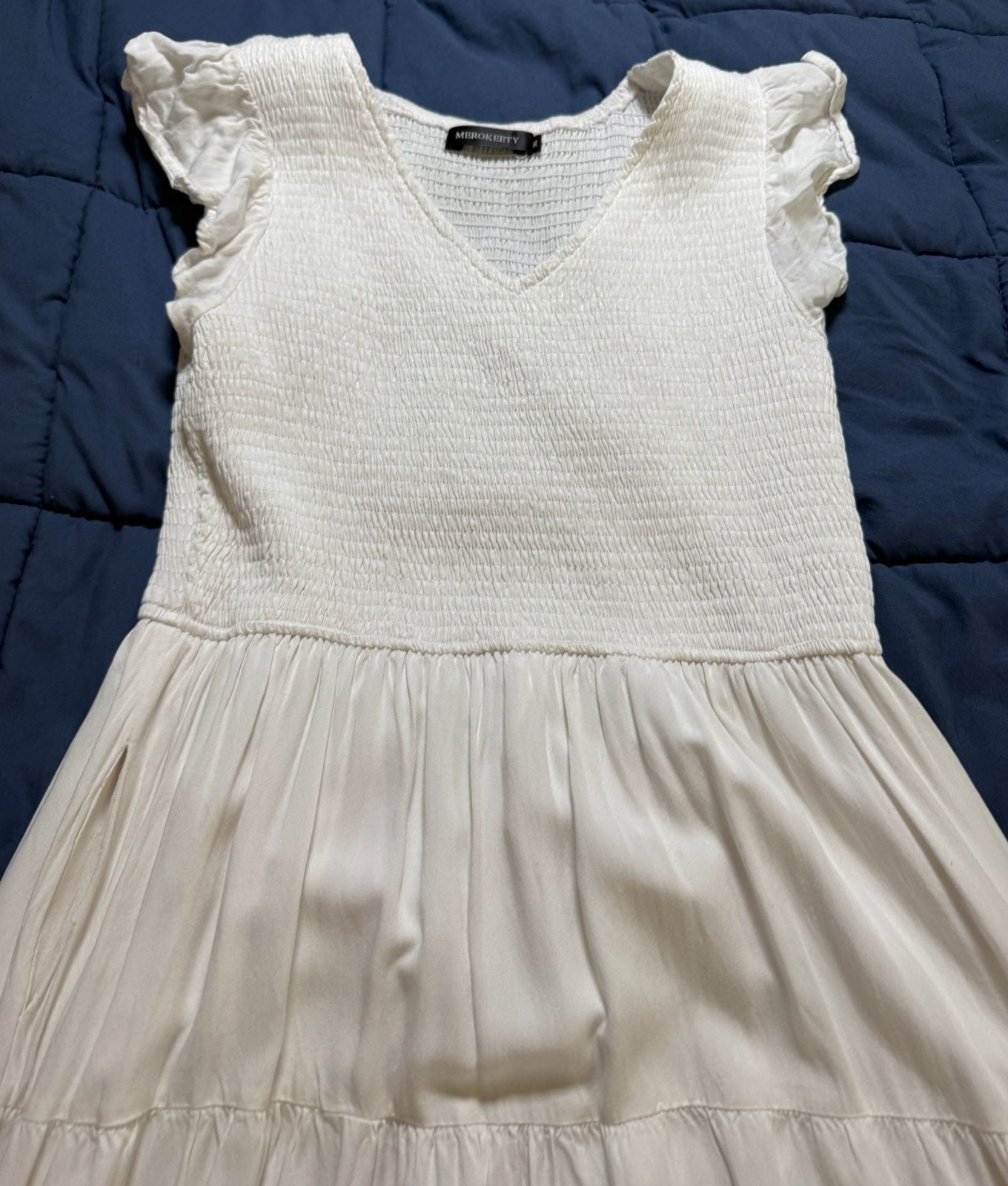 MEROKEETY Women’s White Smocked Flutter Sleeve Tiered Maxi Dress