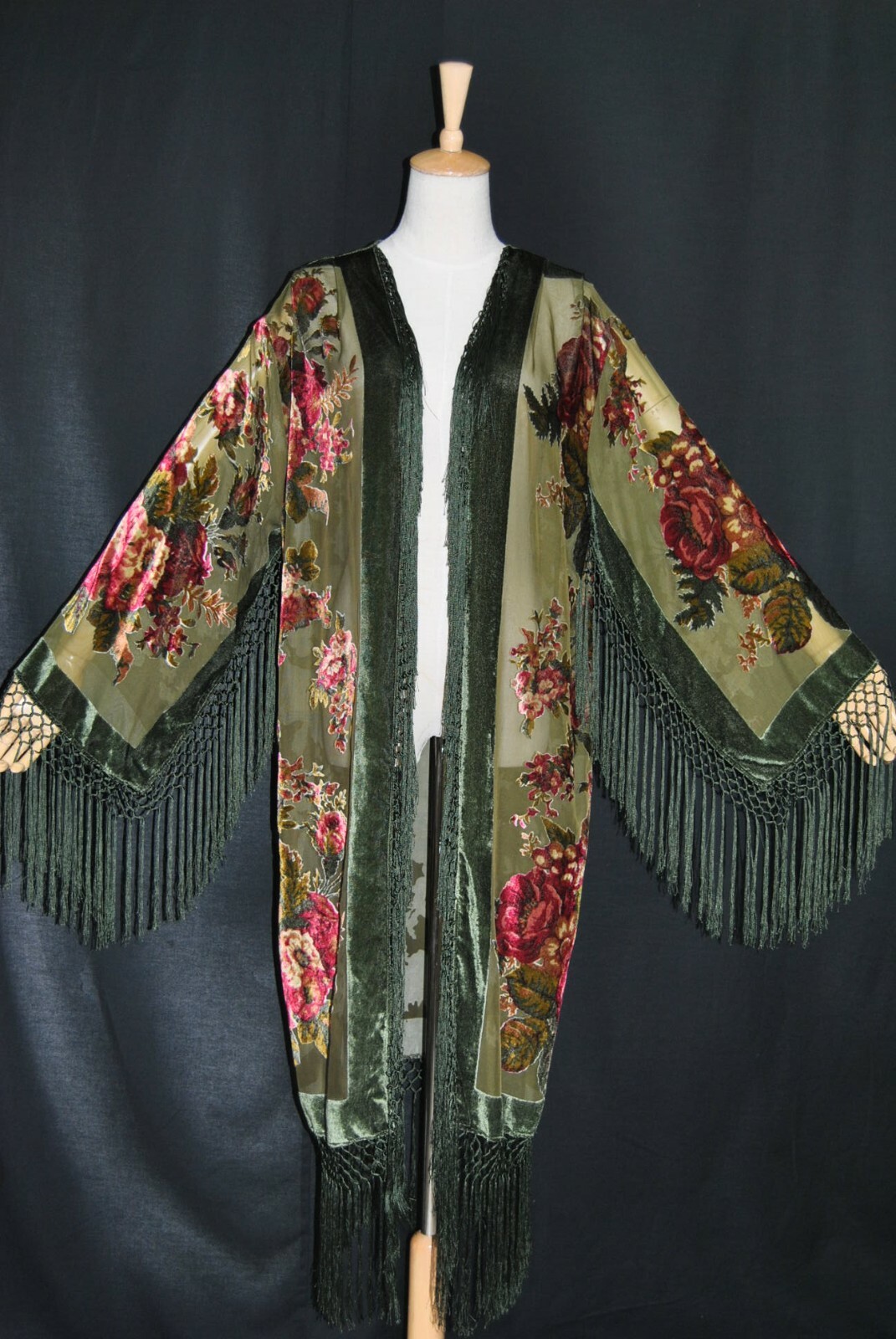 Art to Classic Eastern Flower Burnout Velvet Fringe Jacket Coat Kimono Duster