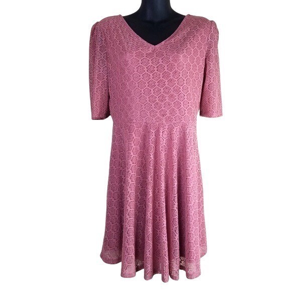 Love Fire Pink Lace V-Neck Fit & Flare Dress Strappy Back Womens L Large
