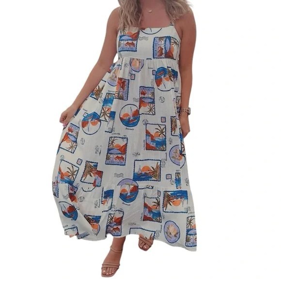 Paper Heart Anthropologie La Dolce Vita Postcard Travel Vacation Dress, Size XS