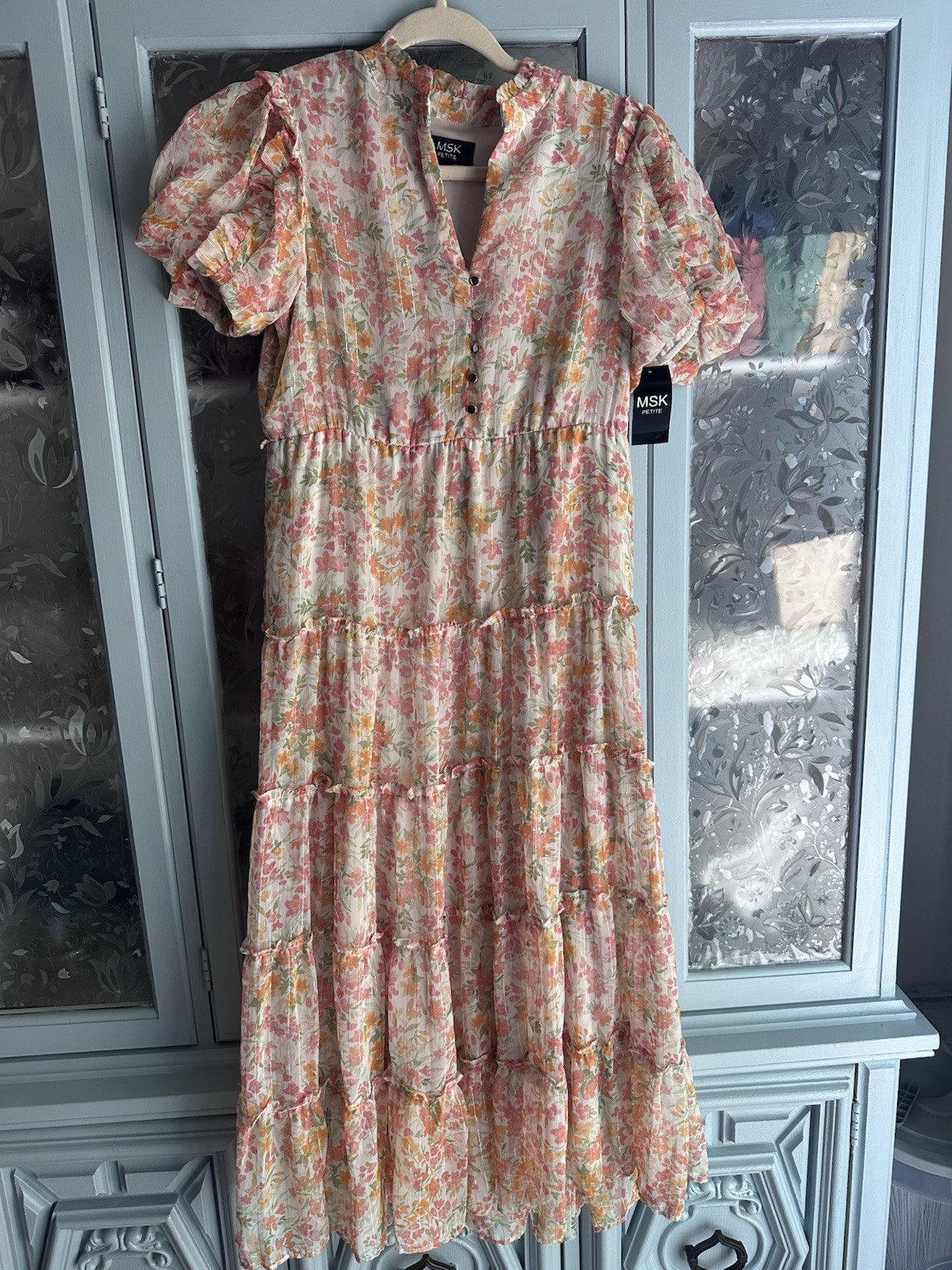 MSK Women’s Medium Petite Boho Chic Hippie Gypsy Floral Maxi Dress with Ruffle