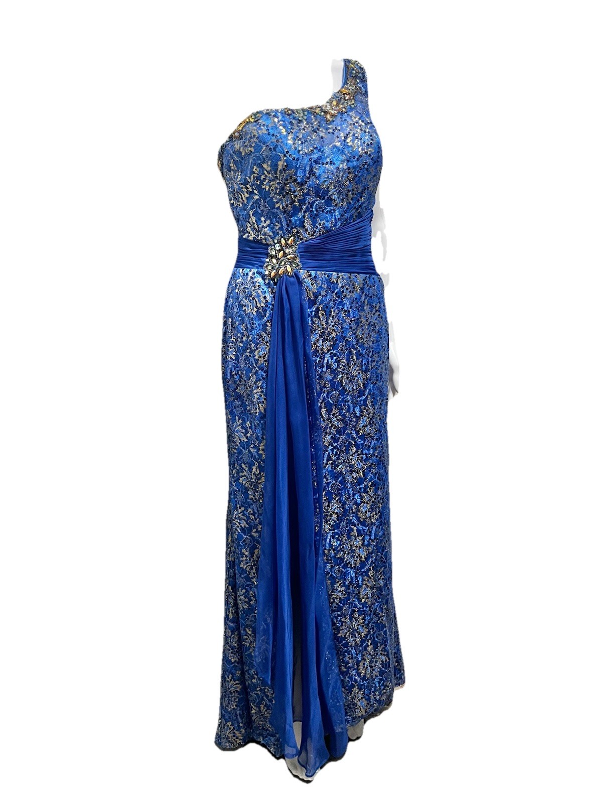 Dancing Queen 6 Royal Blue & Gold Beaded One Shoulder Dress Prom Formal Vintage