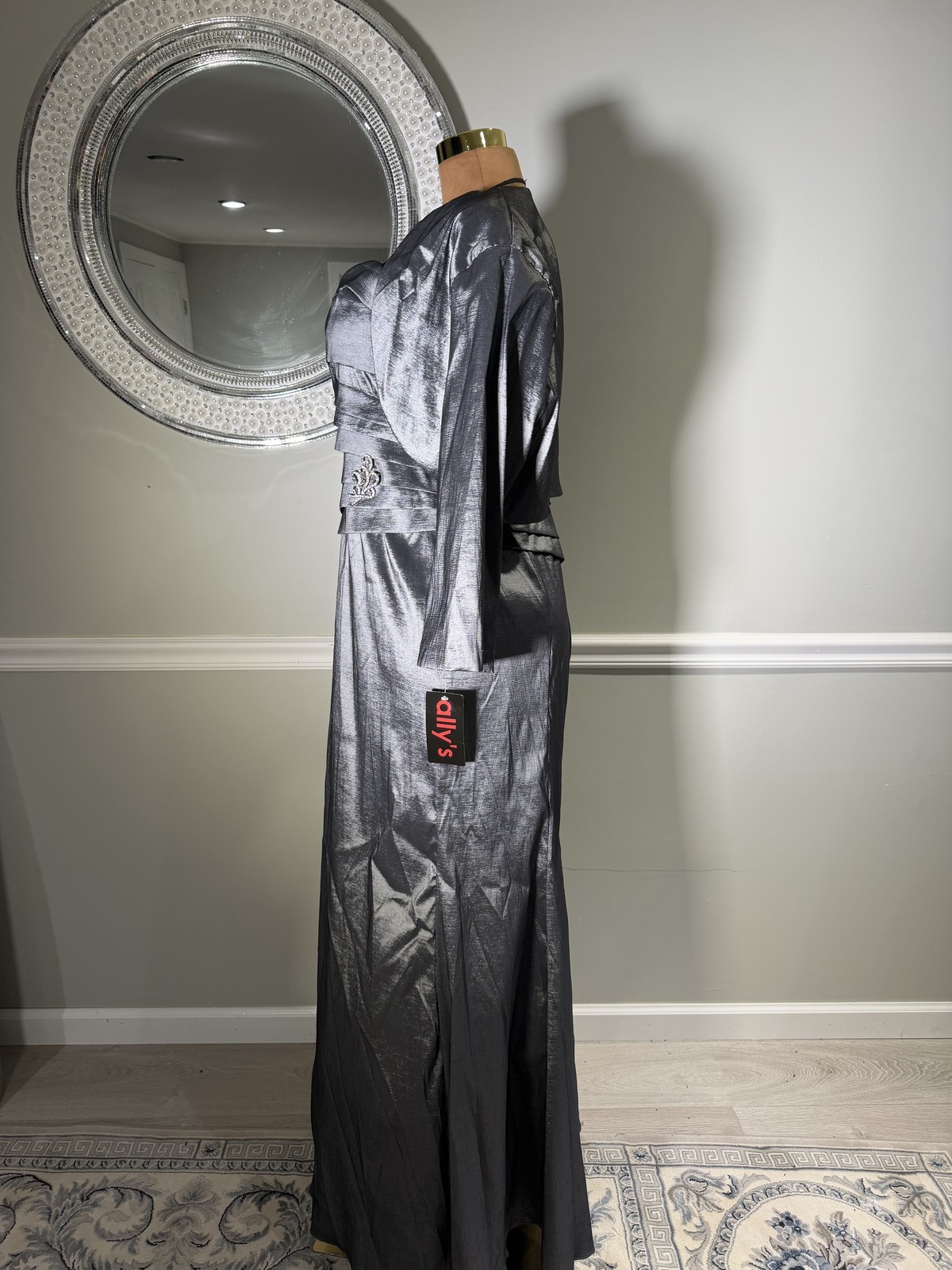 Ally’s Metallic Silver One Shoulder Formal Evening Gown Pleated Size 3XL