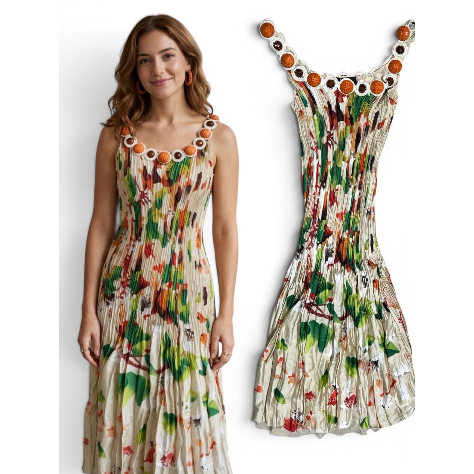 Alberto Makali NWT Pleated Floral Y2K Fairy Midi Sz M Dress beaded watercolor